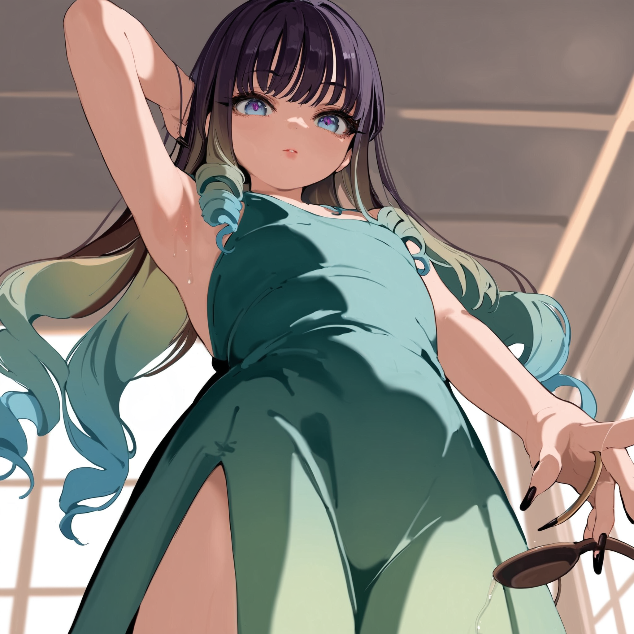 source_anime,score_8_up,score_9,score_8_up,score_7_up,score_6_up,1girl,looking at viewer,drill hair, (gradient hair:1.2), (brown hair, light blue hair, dark green, purple hair),tea length dress,from below,armpits,long hair,long nails,black nails,indoors,hetero,cinematic,intricate,cinematic film still shallow depth of field,color graded cinematic,<lora:mamimi>,<lora:age_slider_v4:-5>,pretty face,petite body,wet skin,intense eye contact,eyes half closed,lusting,