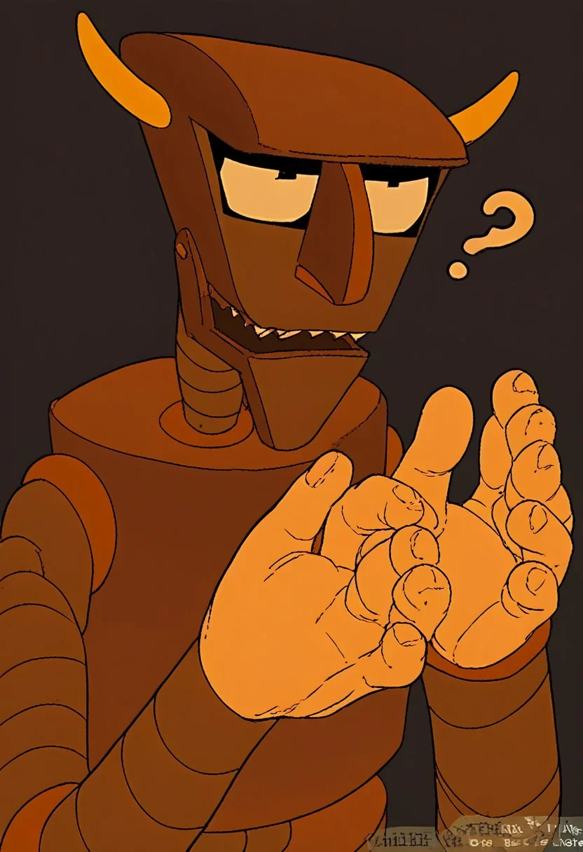 score_9, score_8_up, score_7_up, score_6_up, score_5_up, score_4_up, 1boy, solo, b33lz3b0t, robot, question mark, confused, human hands