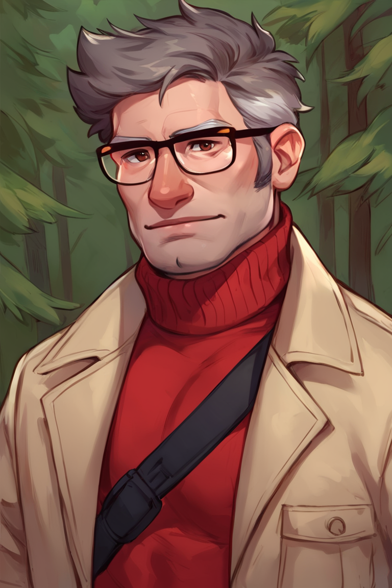 score_9, score_8_up, score_7_up, stanford pines, 1boy, solo, male focus, mature male, muscular male, old man, short hair, grey hair, two-tone hair, brown eyes, thick eyebrows, glasses, black-framed eyewear, facial hair, stubble, long sideburns, looking at viewer, open clothes, beige coat, trench coat, red turtleneck sweater, strap, buckle, standing, upper body, portrait, outdoors, forest, pine tree <lora:Stanford (Ford) Pines - Gravity Falls v1.0 Edited MIX [LoRA] - Pony V6 XL:0.8>