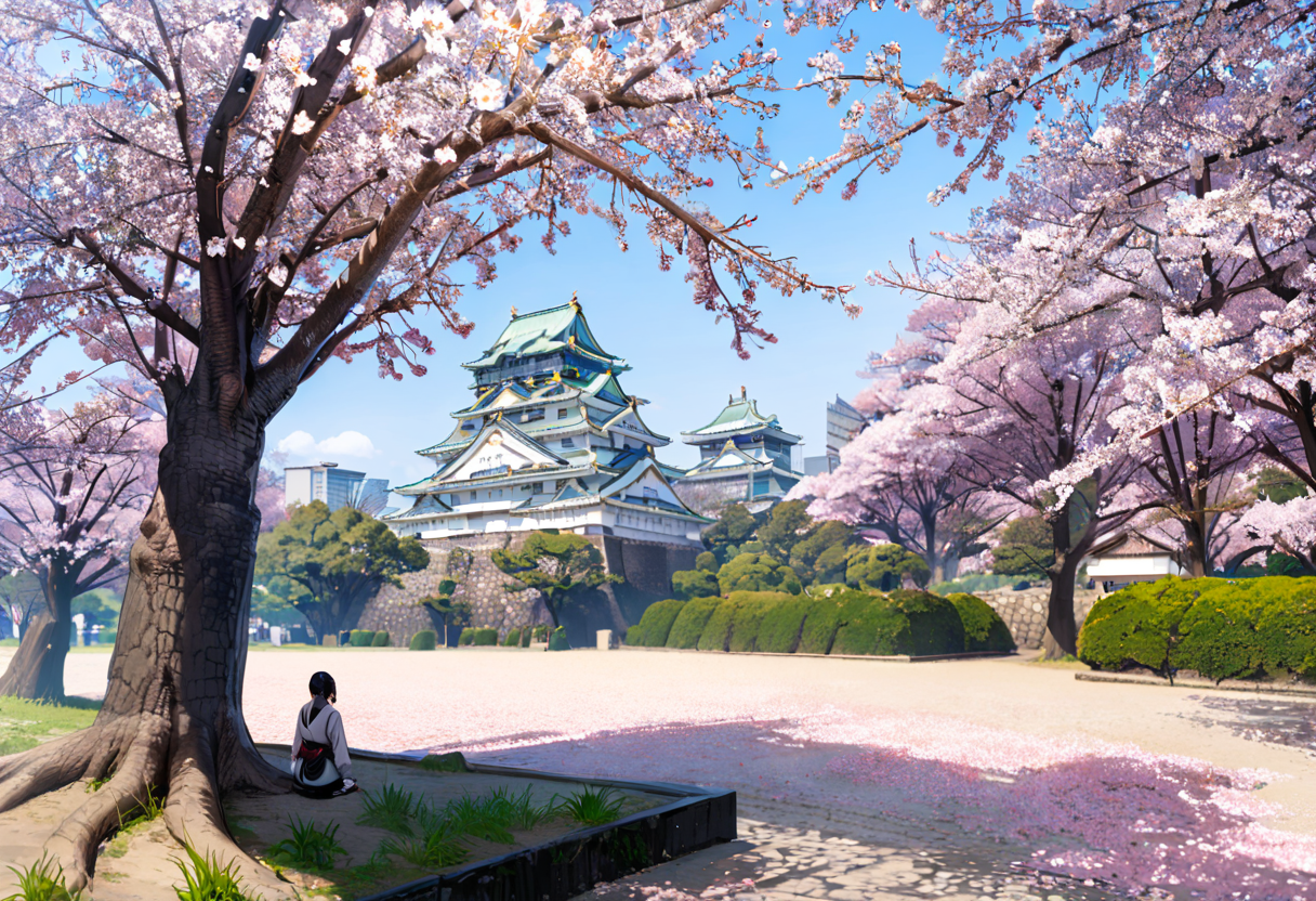 masterpiece, best quality, very aesthetic, absurdres,
Osaka Castle, scenery, cherry blossoms, sky, outdoors, tree, architecture, east asian architecture, blue sky, day, building, pagoda, grass
 <lora:Osaka_Castle_SDXL_V1:1>