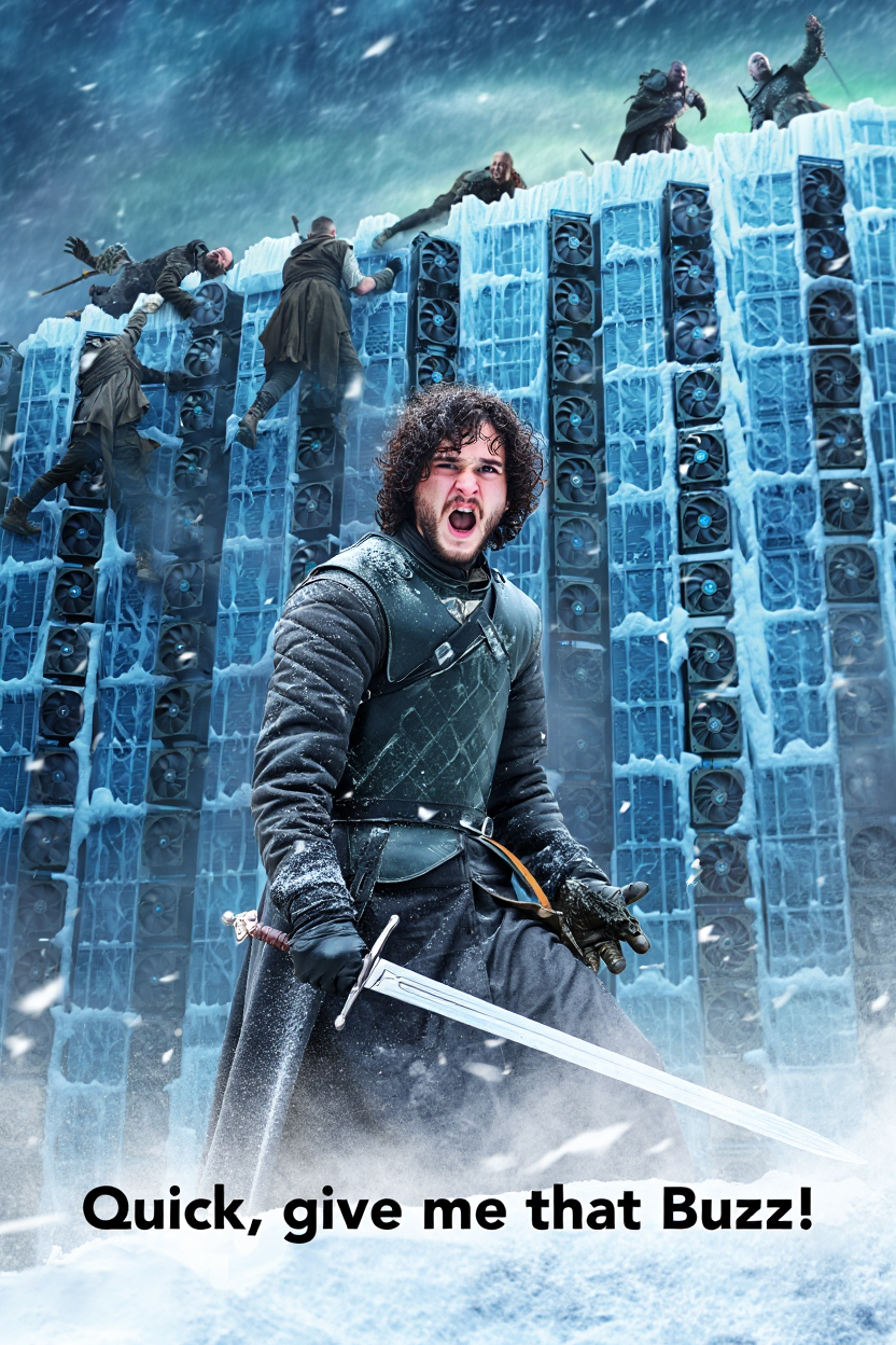 ​​​​A towering northern ice wall forged entirely from gleaming GPU stacks, their circuitry glowing faint blue beneath the frost. Scattered along the frozen ridges, fallen Whitewalkers twitch and claw randomly, some still attempting to descend the monstrous wall with eerie, undead grace. At the base, Jon Snow stands in worn Valyrian steel armor, sword drawn mid-motion, snow and ash swirling around him. His face is tense with urgency, turned back toward the viewer as he shouts, voice full of valor and desperation. big bold text at the bottom part of image in the style of Game of Thrones titles "Quick, give me that Buzz!", The scene pulses with cinematic energy: dramatic lighting from a crackling aurora above, wind tearing at cloaks, GPU fans whirring softly like ancient magic. It’s a moment caught between chaos and legend, with a meme-worthy twist.