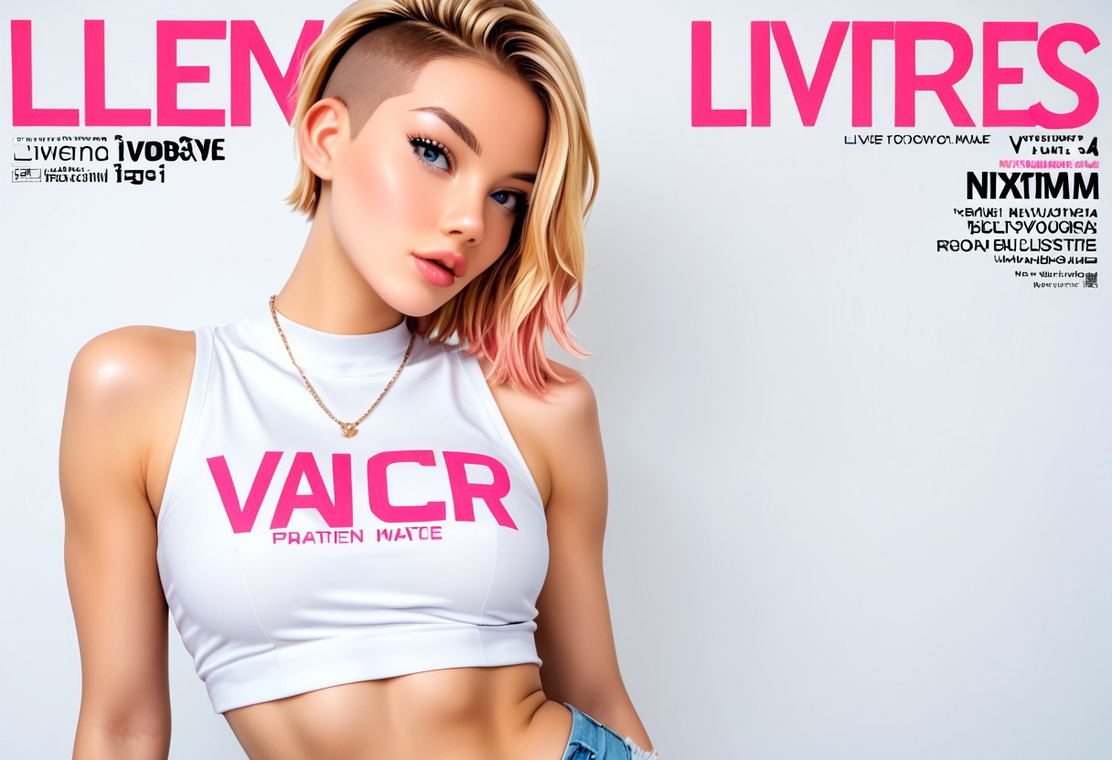 maxim magazine cover, gwen stacy, 1girl. solo, blonde hair, feminine, undercut, crop top, lowriders, belly button, lips, score_9, score_8_and_up, 2000s