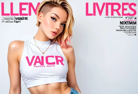 maxim magazine cover, gwen stacy, 1girl. solo, blonde hair, feminine, undercut, crop top, lowriders, belly button, lips, score_9, score_8_and_up, 2000s
