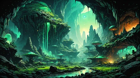 alien landscape, Subterranean rivers flowing through phosphorescent caves, Emerald valley nestled between towering mountains , alien [fauna:flora:0.5], Rim Lighting, <lora:Ive_Got_The_Power:0.8>, <lora:fracolor:0.7> fracolor, <lora:SDXLFaeTastic2400:0.4>