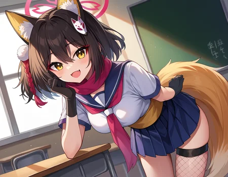 score_9, score_8_up, score_7_up, source_anime,
izunakuda, <lora:izuna-kuda-ponyxl-lora-nochekaiser:1>,
izuna kuda, yellow eyes, black hair, animal ears, animal ear fluff, medium hair, fox ears, halo,
asymmetrical legwear, fishnets, fox hair ornament, fox tail, gloves, hair ornament, pleated skirt, sash, scarf, school uniform, single thighhigh, tail, thigh strap, yellow tail,
indoors, classroom, bent over, smile,
looking at viewer, cowboy shot, dutch angle,