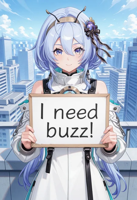 masterpiece, best quality, amazing quality, 8k, face focus, face only, looking at viewer, smile, 1girl, need_buzz, holding sign, solo, <lora:Yugiri_IL:1>, yugiri, blue eyes, bangs, blue hair, hair between eyes, twintails, antennae,hairband, white dress, white cyber city, On the roof, sky,