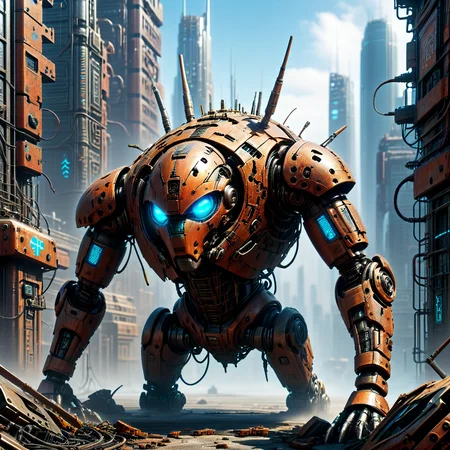 4k, extremely detailed wide view of amazing scene, ((futuristic scrap metal androids fused with blue glowing neon)), ((advanced cityscape)), ((metropolis)), ((urban future)), in ((futuristic highly detailed cyber)) with ((advanced urban setting)), ((city environment)), ((styled in neo-tokyo)), ((integrated aesthetic)), ((urban precision)), ((advanced design)), ((futuristic architecture)), with ((data flow effects)), ((urban atmosphere)), ((city ambiance)), ((metropolitan environment)), (HD, masterpiece, best quality, hyper detailed, ultra detailed, super realistic),amazing, evi@decrepPunk, DonM0ccul7Ru57XL, Rusted, rusted landscape, add-detail-xl<lora:sdxl\rust\concept_worldmorph_decrepPunk_SDXL_v1-evi@decrepPunk.safetensors:1.0:1.0> <lora:sdxl\rust\DonM0ccul7Ru57XL-000006.safetensors:1.0:1.0> <lora:sdxl\rust\Rusted_landscape_SDXL.safetensors:1.0:1.0> <lora:sdxl\enhancment\add-detail-xl.safetensors:1.0:1.0>