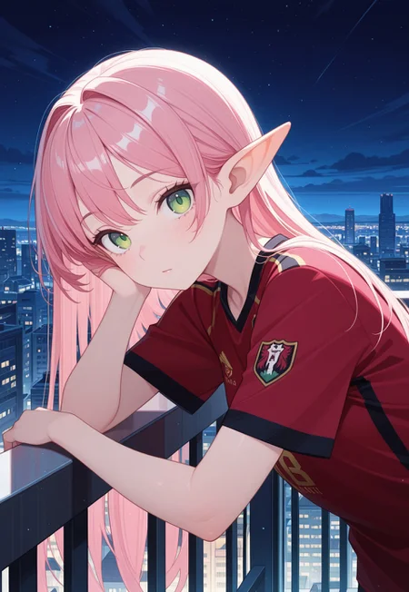 masterpiece, best quality, amazing quality,,<lora:afkArenaIllustrious:1>
afkarenastyle,
1girl, female elf, solo, portrait, female focus, pink hair, green eyes, slim, long hair, hair swept to one side, light skin, melancholy expression, leaning on railing, leaning forward, looking at viewer, balcony, beautiful, soccer jersey, outdoors, cityscape, night
