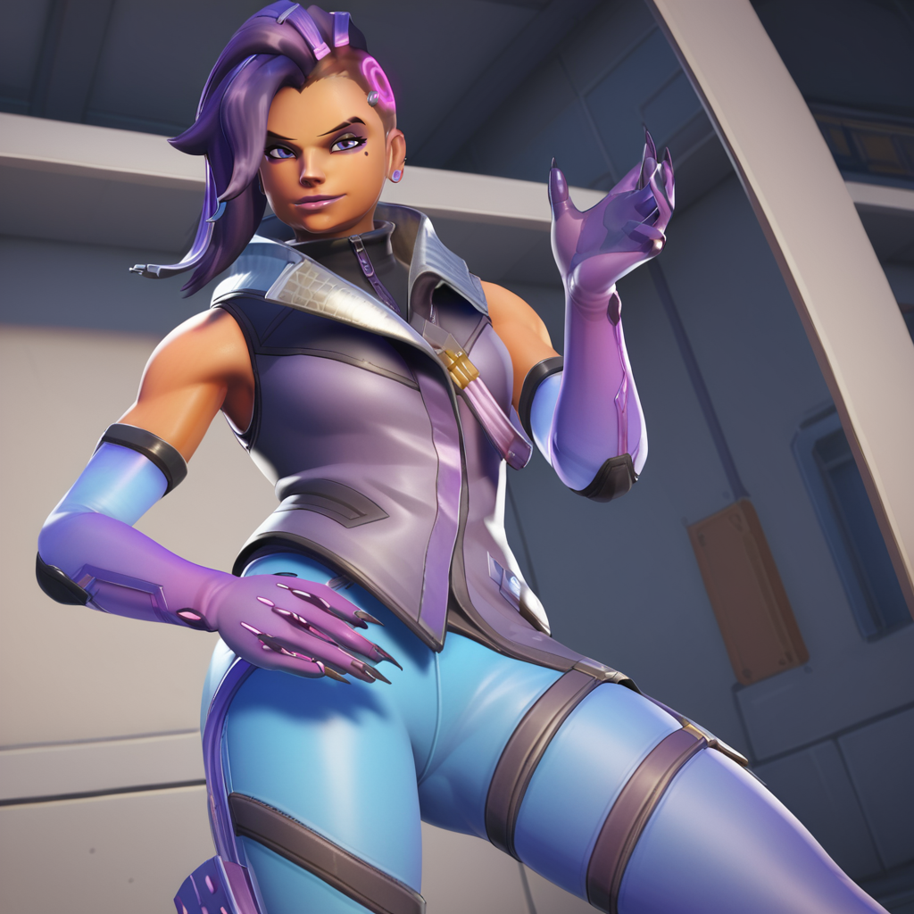 score_9, score_8_up, score_7_up, score_6_up, score_5_up, score_4_up,  <lora:Sombra:0.8>, sombr20, 1girl, purple eyes, purple hair, multicolored hair, dark-skinned female, two-tone hair, gradient, mole under eye, eyeshadow, lipstick, asymmetrical hair, high collar, eyeliner, undercut, purple lips, bodysuit,  elbow gloves, thigh strap, skin tight, shiny clothes, pants