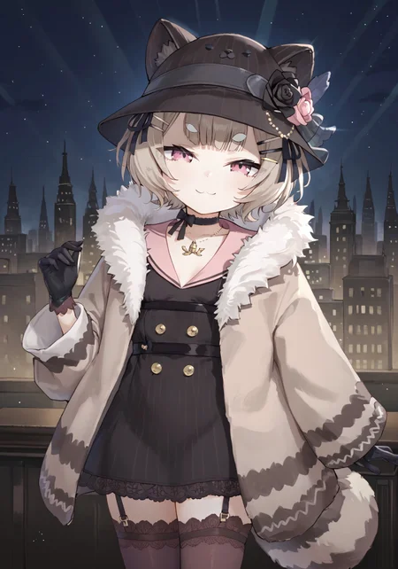 1girl, solo, solo focus, highres, absurdres, FamigliaPanko, short hair, raccoon ears,
black choker, long sleeves, bangs, hair ornament, hairclip, raccoon tail, animal hat, black dress, brown thighhighs, pink eyes, brown hair, fur-trimmed coat, animal ear fluff, black ribbon, hat flower, sleeves past wrists, black headwear, black gloves, pink sailor collar, hair ribbon, jacket, collarbone, garter straps, necklace, thick eyebrows, small breasts, striped tail, double-breasted, buttons,
looking at viewer, hand up, hand to own face, smug,
cityscape, neon lights, dark, night, night sky,
light particles, backlighting, shade, light rays, lens flare, shiny skin, fine fabric emphasis,