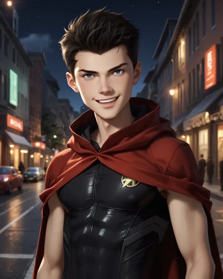 score_9, score_8_up, score_7_up, intricate details, rating_questionable,
<lora:homri52:1>
,
<lora:Damian_Wayne_DCAU:0.8>, 1boy(damian wayne DCAU, black hair, looking at the viewer, solo, happy,
red cloak, sleeveless tight bodysuit), outdoors, at night, darkness
,
highres,
detailed background, depth of field,
<lora:ral-chrosc-clr:0.5>, ral-chrosc-clr,
<lora:Expressive_H:0.5>, Expressiveh,
<lora:xl_more_art-full_v1:0.3>,
<lora:add-detail-xl:0.3>,