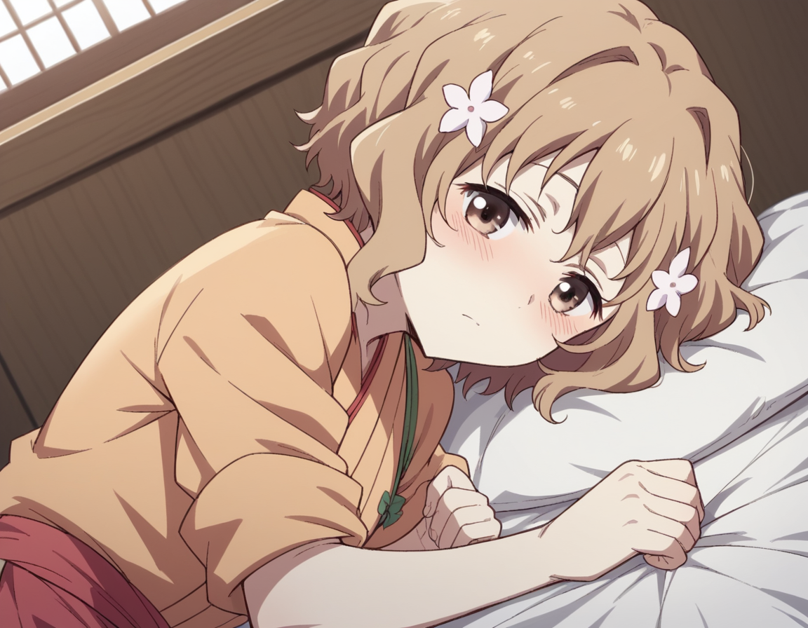 score_9, score_8_up, score_7_up, source_anime,
ohanamatsumae, <lora:ohana-matsumae-s1-ponyxl-lora-nochekaiser:1>,
ohana matsumae, short hair, brown hair, hair ornament, brown eyes, flower, hair flower,
japanese clothes, kimono, apron, sleeves rolled up,
indoors, bed, bed room, on side, blush, drunk,
looking at viewer, cowboy shot, solo, dutch angle,