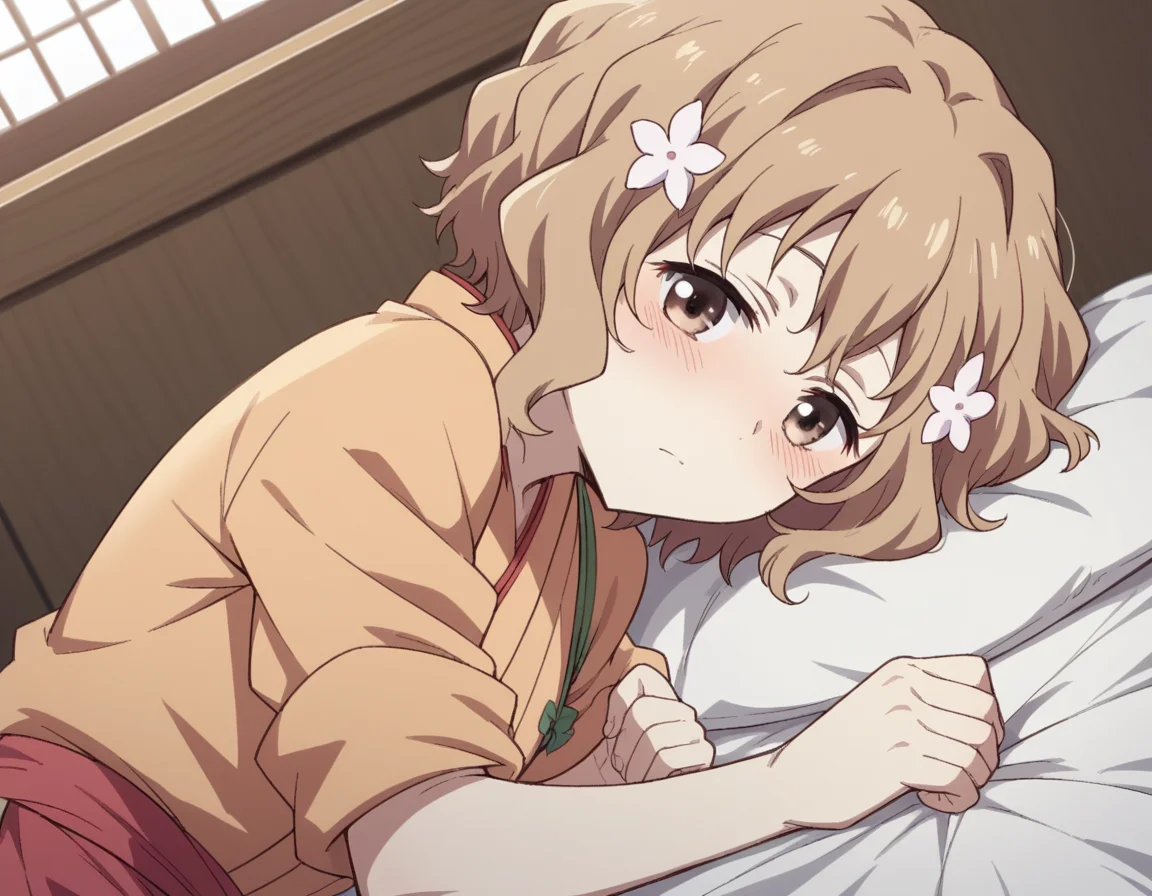 score_9, score_8_up, score_7_up, source_anime,
ohanamatsumae, <lora:ohana-matsumae-s1-ponyxl-lora-nochekaiser:1>,
ohana matsumae, short hair, brown hair, hair ornament, brown eyes, flower, hair flower,
japanese clothes, kimono, apron, sleeves rolled up,
indoors, bed, bed room, on side, blush, drunk,
looking at viewer, cowboy shot, solo, dutch angle,