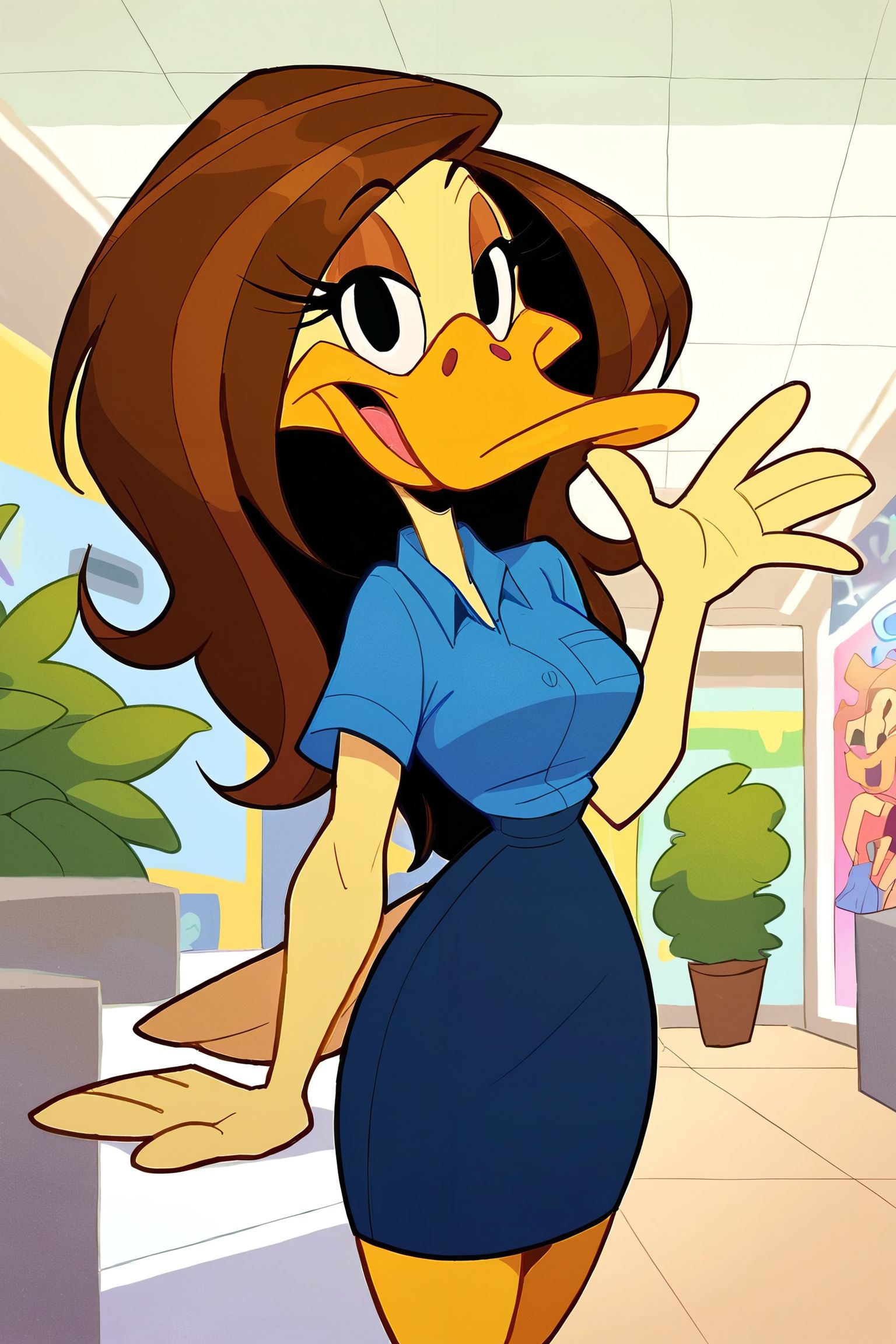 zPDXL3, <lora:Style55_PDXL:.8>,  <lora:Tina_russo_Show:.8>,
tina russo, furry female, duck, beak, yellow fur, light brown hair, eyeshadow, black eyes, blue collar shirt, dark blue skirt, looking at viewer, smiling, mouth open, standing, waving, inside mall,