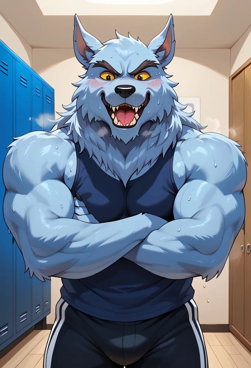 score_9, score_8_up, score_7_up, Wolfbouncer, werewolf, yellow sclera, black eyes, indoors, gym locker-room setting, horny, arms crossed, stnd_jckstrp, musk, musky, smell, sweat, expressive, hi res, detailed eyes, eyes focus, perfect eyes, best artwork, highly detailed,