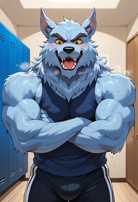 score_9, score_8_up, score_7_up, Wolfbouncer, werewolf, yellow sclera, black eyes, indoors, gym locker-room setting, horny, arms crossed, stnd_jckstrp, musk, musky, smell, sweat, expressive, hi res, detailed eyes, eyes focus, perfect eyes, best artwork, highly detailed,