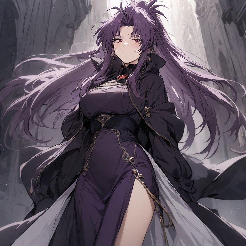 masterpiece, excellent quality, 1 girl, purple hair, precia testarossa, dress