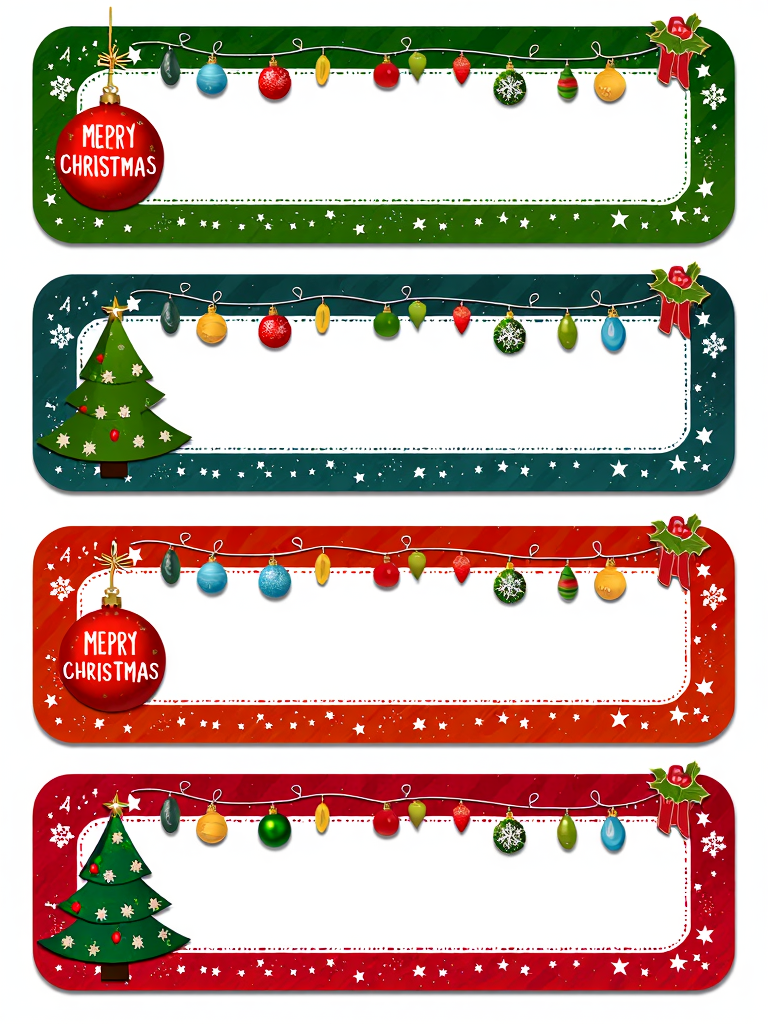 Christmas Label Tags 4x2 grid layout, lines, colorful christmas frames with a christmas icon on the side. No text. White background.
<lora:ChristmasLabelsFlux:0.9>