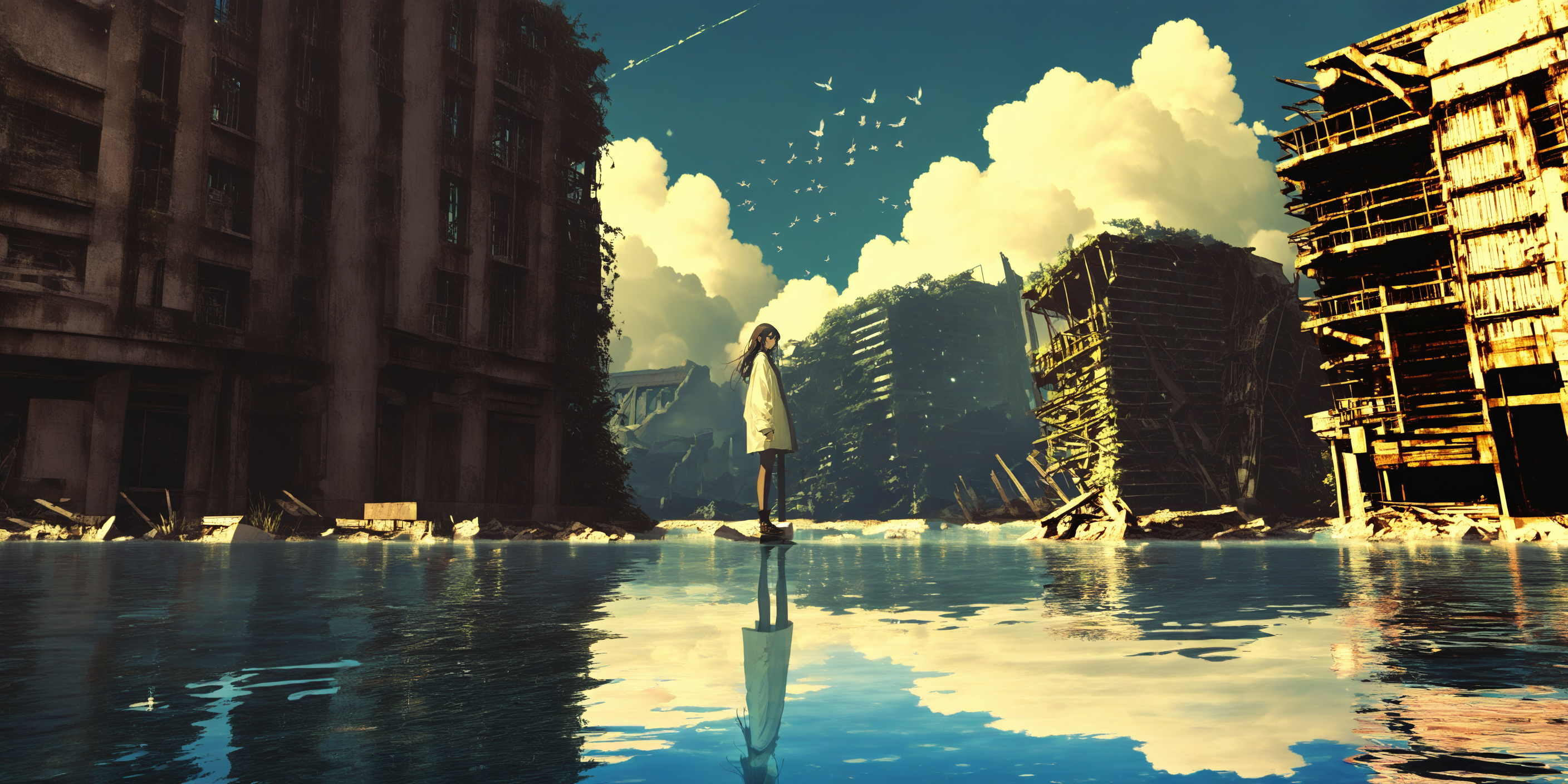 1girl, ruins, solo, outdoors, bird, standing, building, reflection, long hair, water, wide shot, sky, cloud <lora:lifelineXL_NB11_lokr_V6311P:0.95>