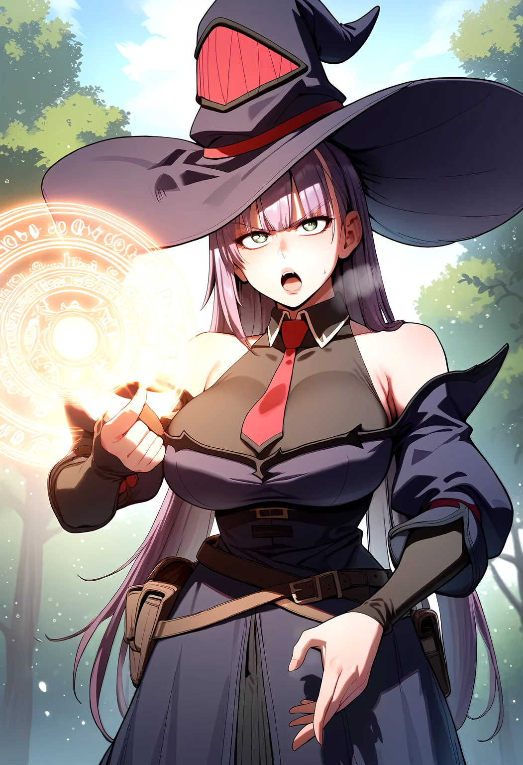 score_9, score_8_up, score_7_up, score_6_up, source_anime, rating_explicit, <lora:neg4all_bdsqlsz_V3.5:2.0>1girl, (solo:1.2), huge breasts, <lora:Senyaponyxl:1> long hair, purple hair, bangs, witch hat, green eyes, black dress, see-thorugh, cleavage, off shoulder, red necktie, detached sleeves, belt, serious, open mouth, Narrow shoulders, heavy breathing, steaming body, forest, outdoor, looking at viewer, magic circle, (fighting stance:1.1)