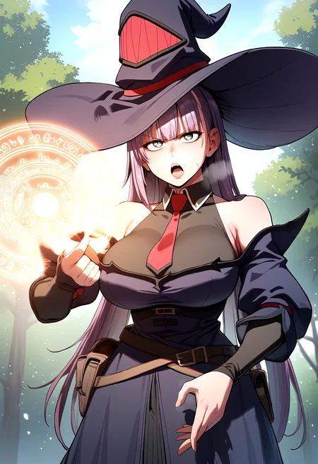 score_9, score_8_up, score_7_up, score_6_up, source_anime, rating_explicit, <lora:neg4all_bdsqlsz_V3.5:2.0>1girl, (solo:1.2), huge breasts, <lora:Senyaponyxl:1> long hair, purple hair, bangs, witch hat, green eyes, black dress, see-thorugh, cleavage, off shoulder, red necktie, detached sleeves, belt, serious, open mouth, Narrow shoulders, heavy breathing, steaming body, forest, outdoor, looking at viewer, magic circle, (fighting stance:1.1)