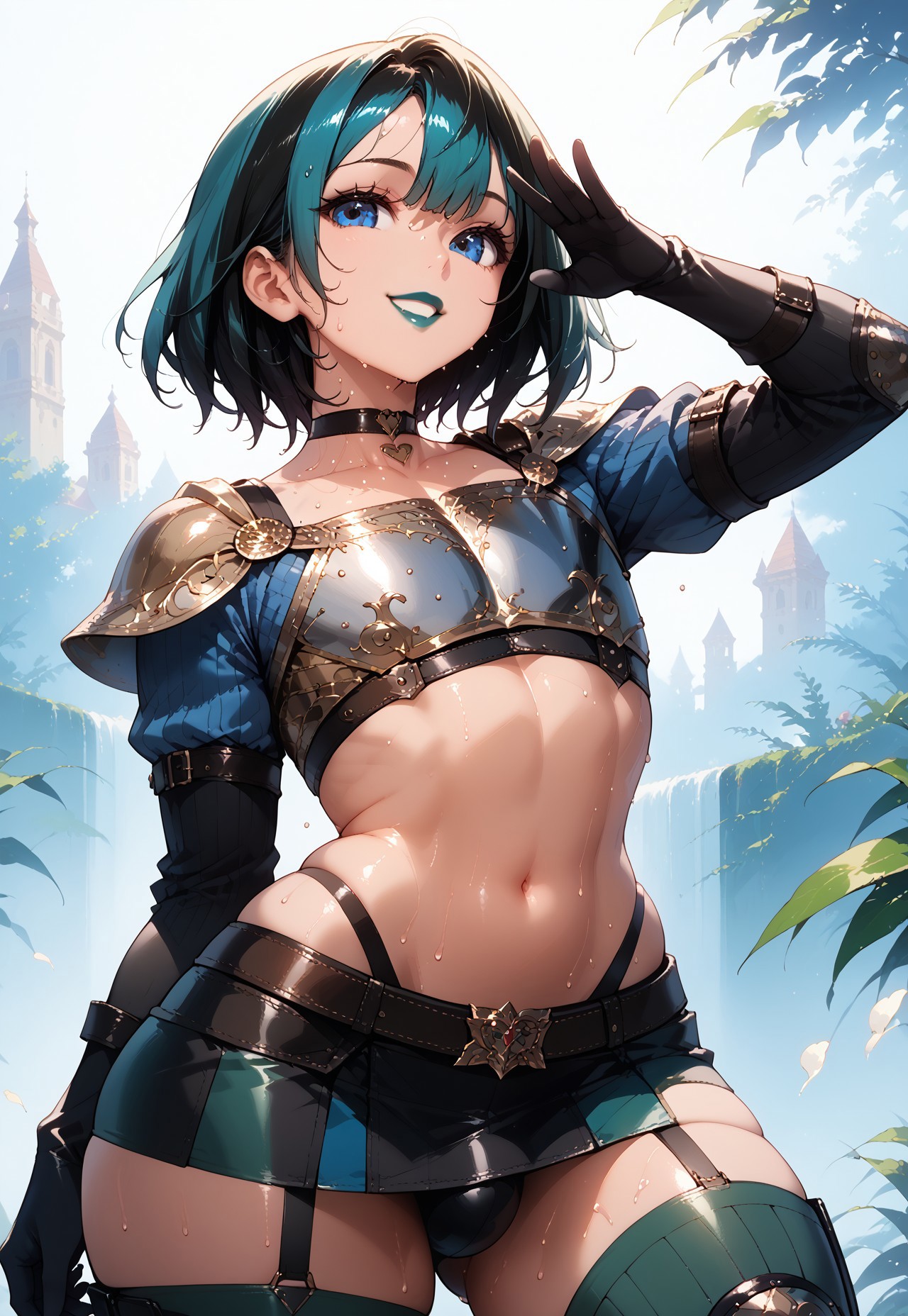 safe_pos, score_9_up, score_8_up, score_7_up, <lora:add-detail-xl:-1>, ultra detailed, source_anime, masterpiece, beautiful face, (femboy:1.5), gwentd, two-tone hair, blue eyes, lipstick, choker, crop top, long sleeves, midriff, skirt , lipstick, (sweating:1.5), choker, leather armor, black armor, masterpiece, (flat chest), (black chestplate:1.5), (smiling), cute, (strapped knee guard:1.5), midriff, choker, leather arm guards, (blue miniskirt), shoulder armor, beautiful face, masterpiece, long sleeves, thigh highs, (wide hips, curvy body), black long gloves, choker, big ass, (dark green legwear, ribbed legwear) thigh socks, (exotic boots), waist belt, tactical belt, sweaty, sexy, white background, portrait, (random pose:1.5)
