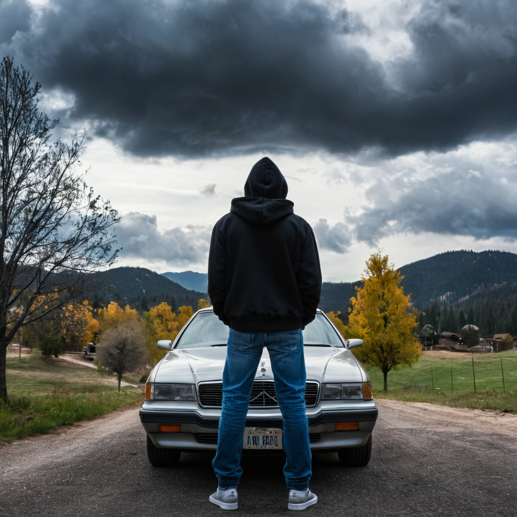 <lora:add-detail-xl:1>
<lora:detailed:0.3>
<lora:perfection style:0.3>
<lora:xl_more_art-full_v1:0.3>
 <lora:Donnie Darko film style:1>
a man standing in front of a car looking at a hdr cloud in sky,solo,black hair,1boy,sitting,male focus,outdoors,sky,cloud,hood,bag,from behind,tree,hoodie,hood down,cloudy sky,nature,scenery,mountain,landscape , cinematic, film, Donnie Darko film style