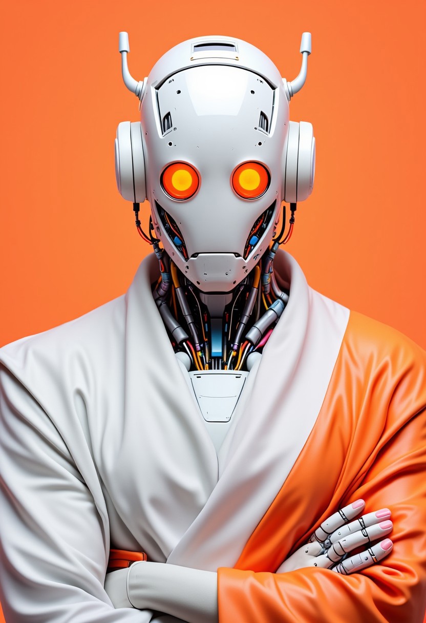 ajpasbot. This image is a highly detailed CGI rendering of a humanoid robot with a distinctly futuristic, almost humanoid appearance. The robot's head is a crisp white with a bright, vibrant orange tint, featuring large, round orange eyes that give it a somewhat human-like expression. The head is adorned with various mechanical parts, including antennae, sensors, and a small, circular panel on the forehead. The robot's neck and torso are covered in a network of white and bright orange wires and tubes, showcasing intricate, advanced machinery.
The robot's body is draped in a flowing garment of stark white and neon orange, blending in bold, surreal contrast with the robot's metallic body. The garment is loosely wrapped around the robot, with one arm crossed over the chest and the other arm resting on the opposite shoulder, giving an impression of casual comfort or restraint.