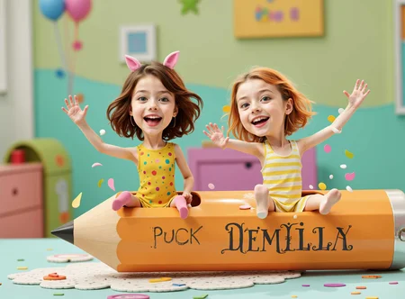 "From a pencil box, two animated pencils with humans faces emerge, dancing with fluid and fun movements. The background is colorful and playful, with a cheerful atmosphere.