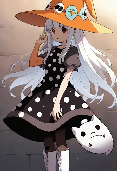 source_anime, anime, (vivid colors, bright colors:1.1),, adult, white hair,long hair,bangs,orange hat, thin hat, witch hat, black dress,black pantyhose,white boots,polka dots,polka dot dress, <lora:Eureka_Frog_v10:1>,