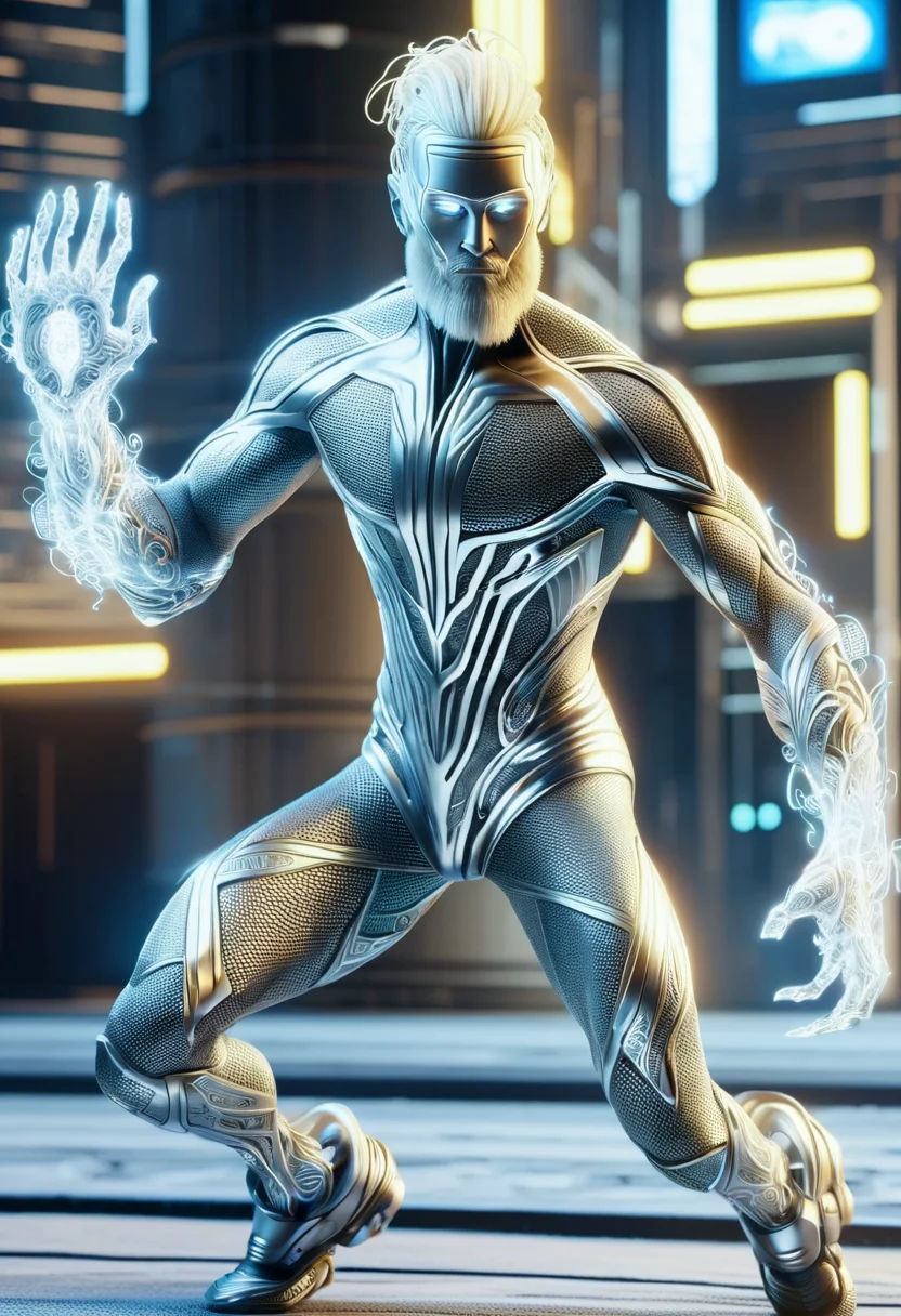 hyper detailed masterpiece, dynamic,awesome quality,DonM3lv3nM4g1cXL magic, ,male holo-sculpture designer, nano-infused mutants, mutants with nanobots integrating into their bodies, granting extraordinary abilities, golden age statuesque, maori, gray eyes, cupped ears,  protruding chin with cleft, v-shaped jaw,  rounded forehead,  artistic tattoos, jawline beard , platinum blonde dreadlocks hair, hope, quantum phase, character poses with one foot forward and their body slightly transparent, suggesting quantum phase shifting,  wearing  pulse-charged cyber shorts,  cyber-satin hoodie, ar-assisted snow boots, augmented reality helmet, , stealthy crouch, character crouches low, arms outstretched, and eyes alert, adopting a stealthy pose, hacked visual interfaces, high-security vaults protecting valuable corporate assets, corporate cyberpunk  <lora:DonM3lv3nM4g1cXL-v1.1-000006:1>
