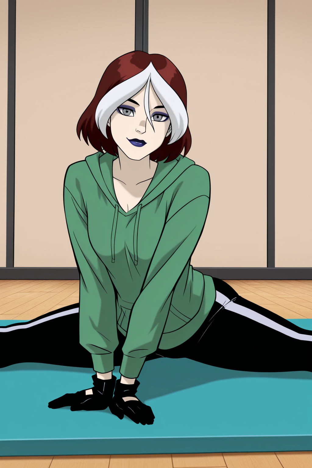 (((official style)), perfect anatomy, perfect eyes, close-up) BREAK <lora:RogueEVOIL:1> anne marie, short hair, multicolored hair, two-tone hair, brown hair, white hair, grey eyes, makeup, lipstick, kind eyes, soft smile, ((looking at viewer)), green hoodie, black gloves, leggings, stretching, yoga pose, dynamic pose, yoga mat, exercising, teasing viewer, showing off breasts, gym, indoors