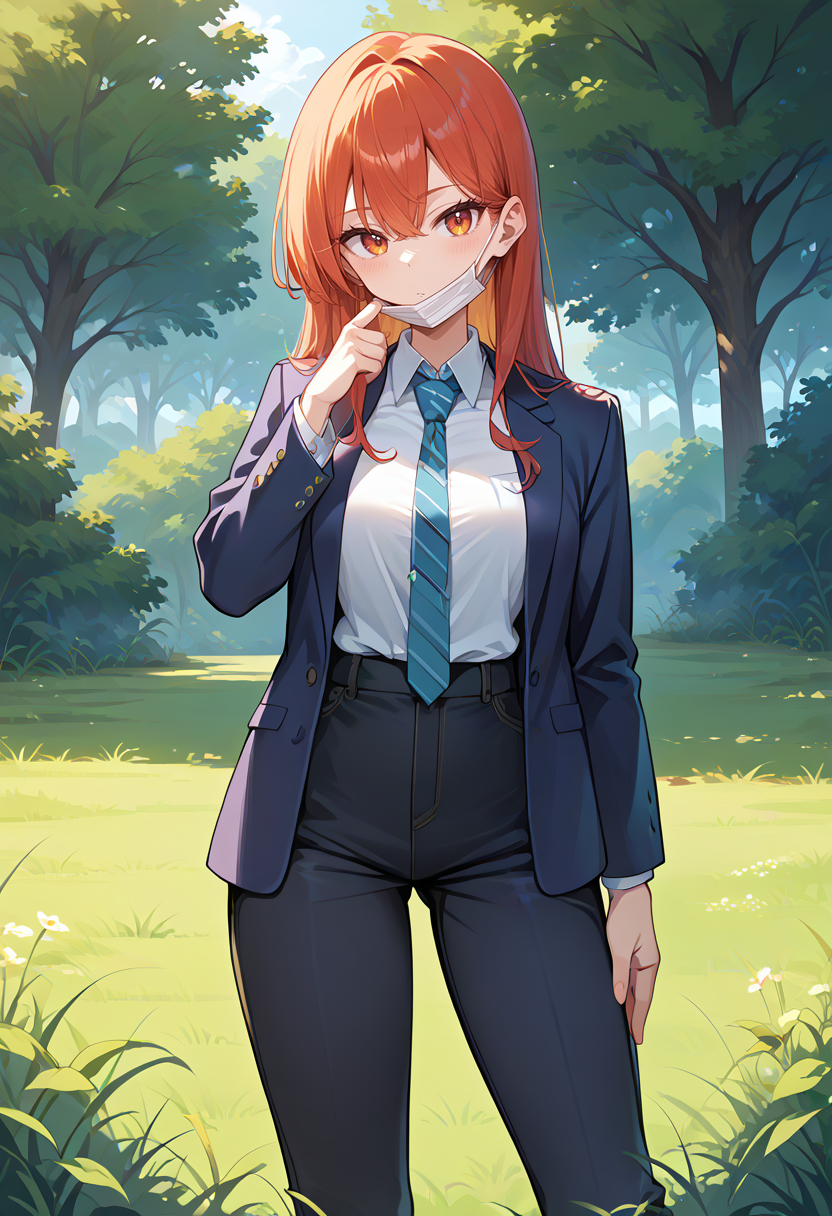 score_9,score_8_up,score_7_up,score_6_up,score_5_up,score_4_up,
1girl, breasts, pants, necktie, collared shirt, blazer, 
cowboy shot, solo, outdoors, grass, looking at viewer, 
mask pull, mouth mask, 
<lora:maskpullponyxl:1>