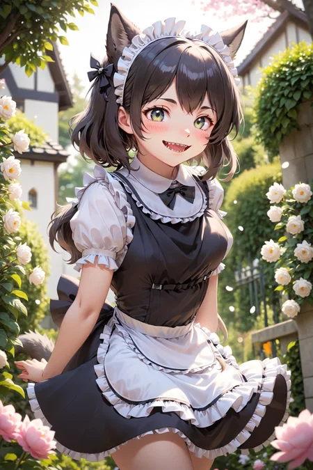wolf girl wearing maid clothes, smirking, fang, looking down, from below, bloom, Bokeh, garden