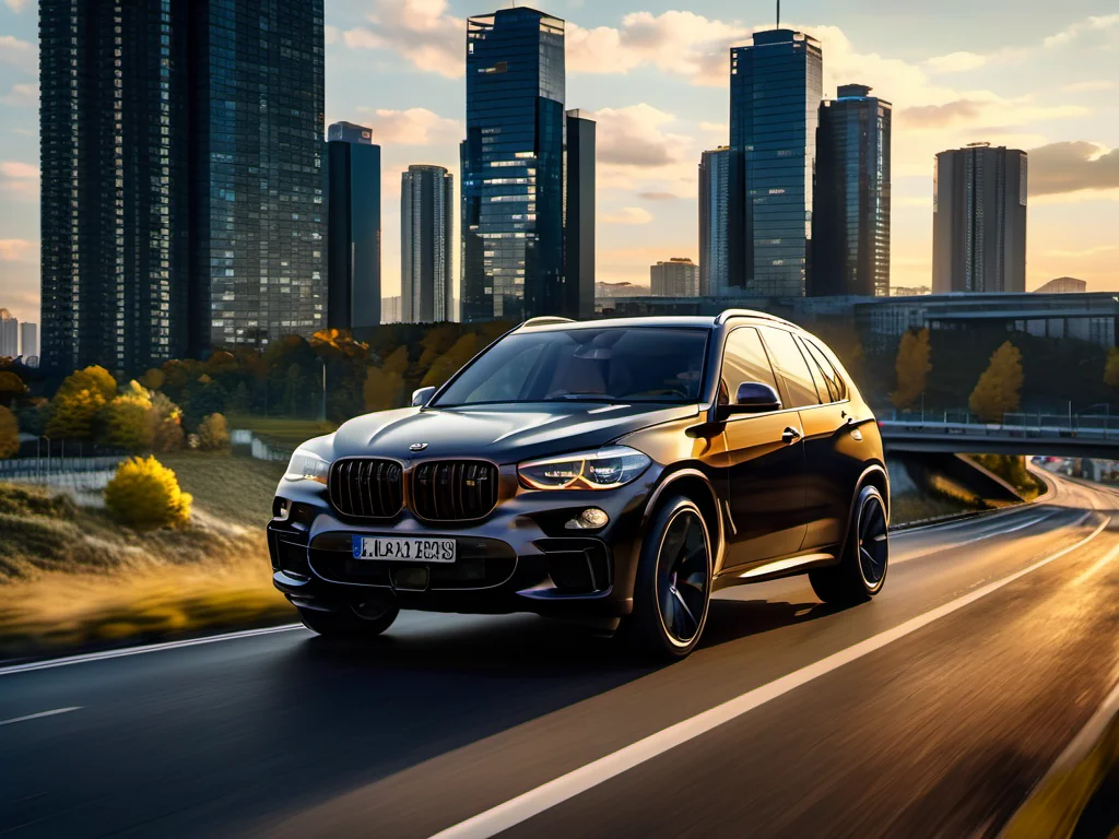 GWMDetail, an bwm x5 with highly details driving on the hightway, city in the backgroun, best quality, high quality, masterpiece, 8K UHD, highly detailed, ultra detailed <lora:GWMDetail_v1.0:1.0>