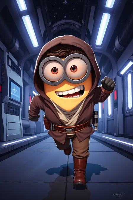 a cartoon illustration of a minion from despicable me in jedioutfit with hood running in a starship hightech futuristic corridor<lora:JEDIOTFIT_FLUX> , <lora:Videogame_Cartoon_Flux><lora:detailed_flux_ntc:2.2><lora:aidmaImageUpgrader-FLUX-V0.1:0.65>