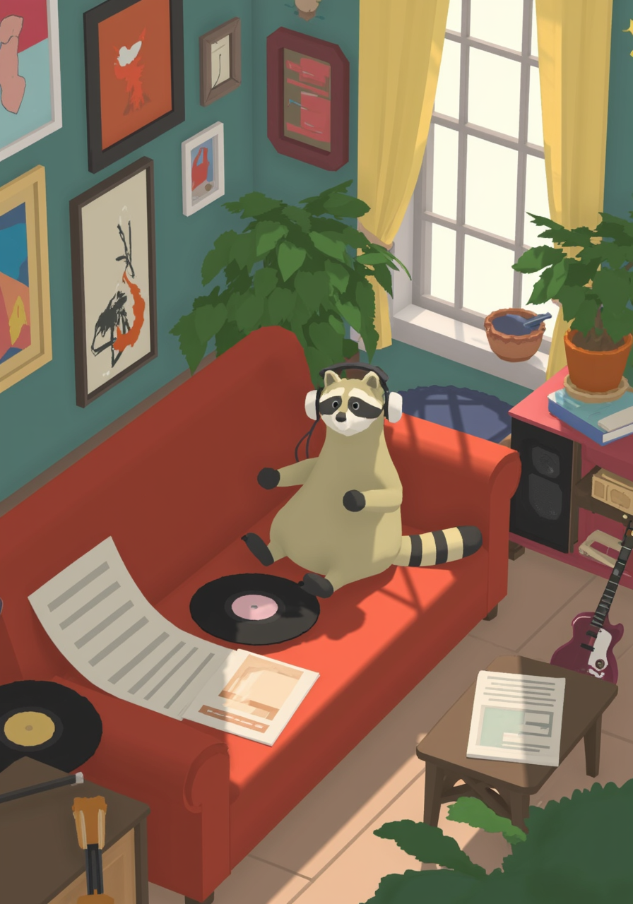 overhead perspective g00se art with smooth textureless style with muted pastel palette of, a whimsical raccoon wearing oversized headphones, lounging on a couch in a cluttered living room filled with vintage records and eclectic art, itâs surrounded by musical instruments and scattered sheet music, tapping its paws to an unheard beat, the walls adorned with colorful posters, sunlight streaming in through a window, illuminating the dust motes dancing in the air<lora:g00se.safetensors:1.1:1.1>