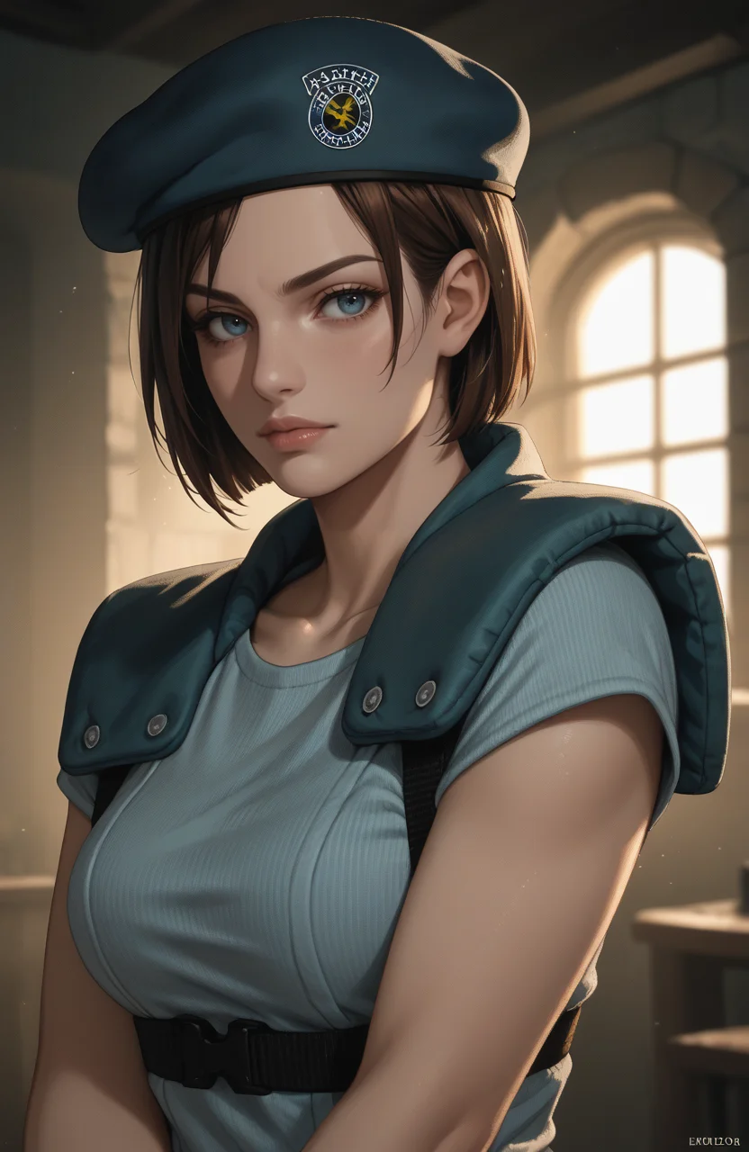 score_9, score_8_up, score_7_up, score_6_up, score_5_up, score_4_up, photoshop \(medium\), <lora:REJill_t1-000022-128:1.0> RE1Jill, blue eyes, brown bob cut, beret, breasts, fingerless gloves
, dark environment, mansion, indoors, moody lighting