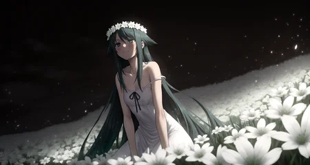 ekrea jan, 1girl, saya \(saya no uta\), summer dress, strap slip, looking up, smile, flower crown, white flowers, flower field, night, moonlight, particles, masterpiece, best quality, black sky