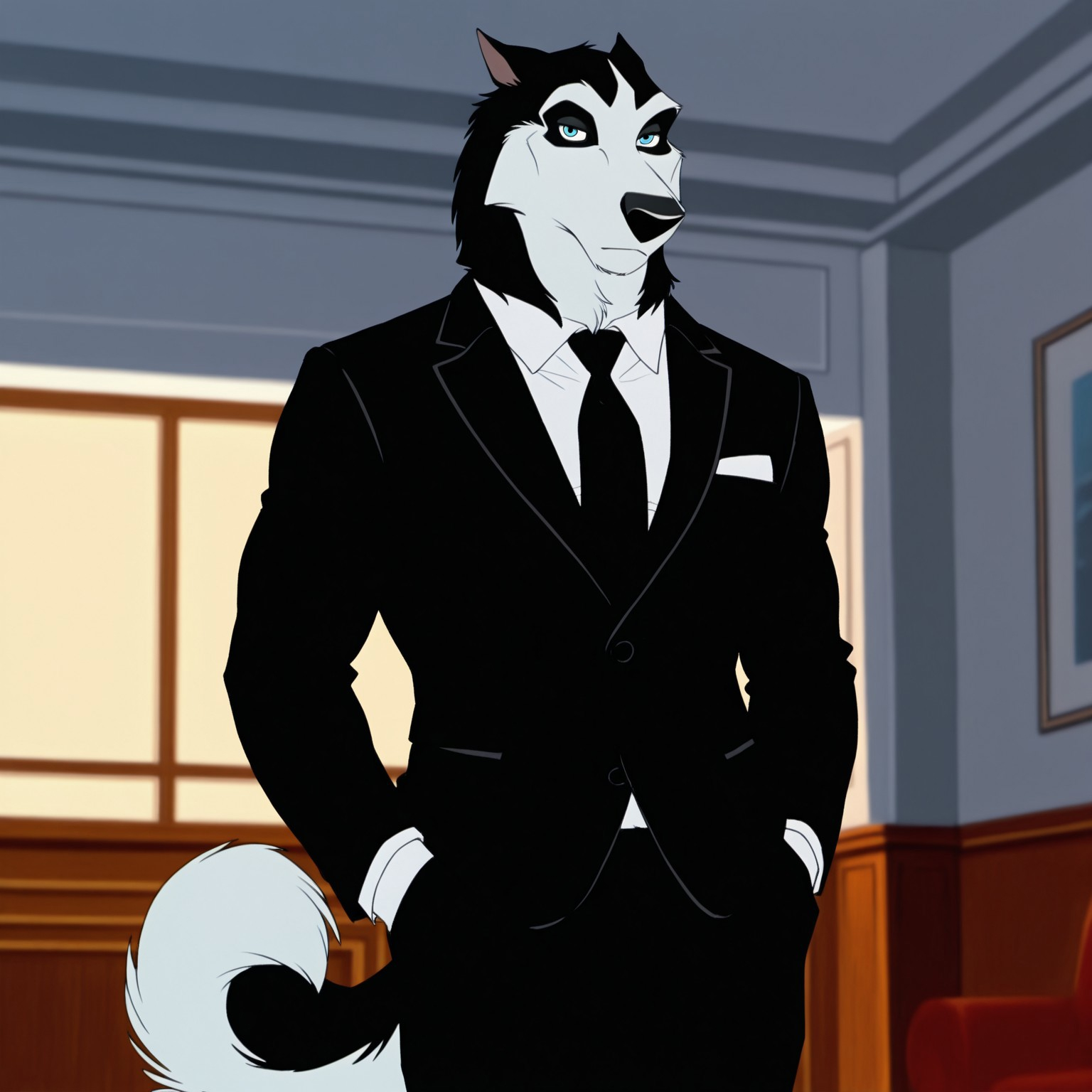 8k, uncensored, masterpiece, best quality, highly detailed, realistic, 1boy, solo, SteeleBT, furry, anthro, canine, dog, husky, blue eyes, back pupils, black nose, black body, black fur, white body, white fur, two tone body, two tone fur, medium tail, expressionless, closed mouth, (muscular male, fully clothed, black suit, black tie, white undershirt, black pants), upper body, (standing), (looking at viewer, hands in pocket, front view, hotel, detailed background, ((walking))