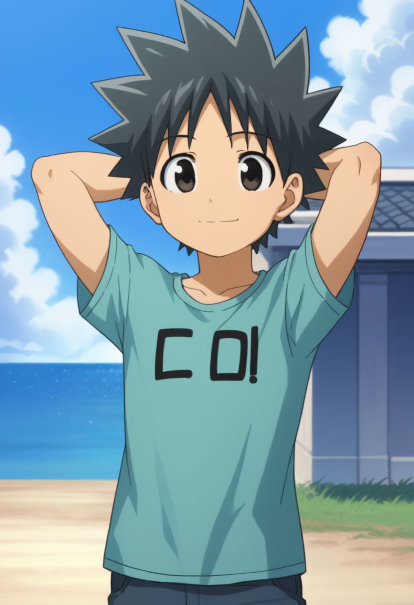 score_9, score_8_up, score_7_up, source_anime, highly detailed, cute,
takeru, 1boy, male focus, solo, black hair, sky, smile, spiked hair, black eyes, day, blue sky, cloud, shirt, pants, short pants, upper body, hands behind head,
outdoor,