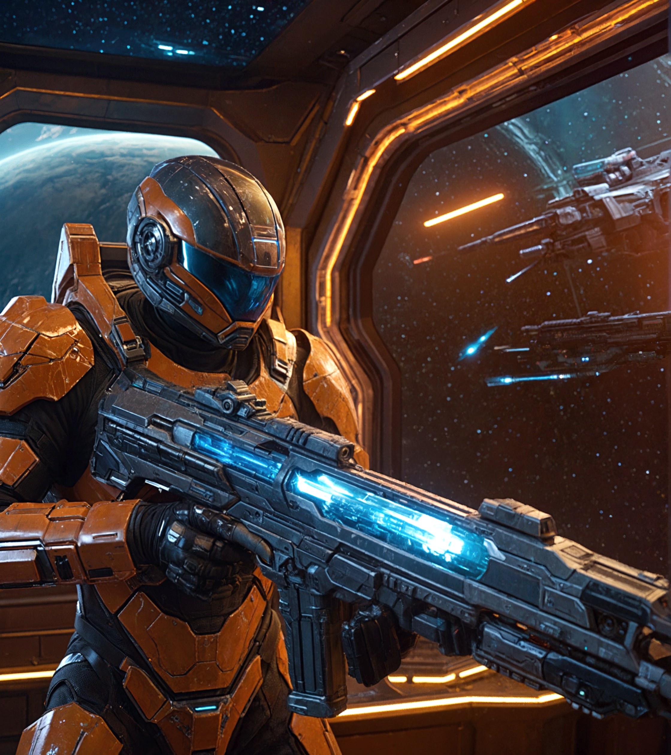Cinematic movie film still , crystal armor, sharp details, the expanse scifi stars outside a space ship window, (aiming down the sights of a plasma rifle) , intricate, highly detailed, , rich color, , sharp focus, illustration, Unreal Engine 5, 8K.