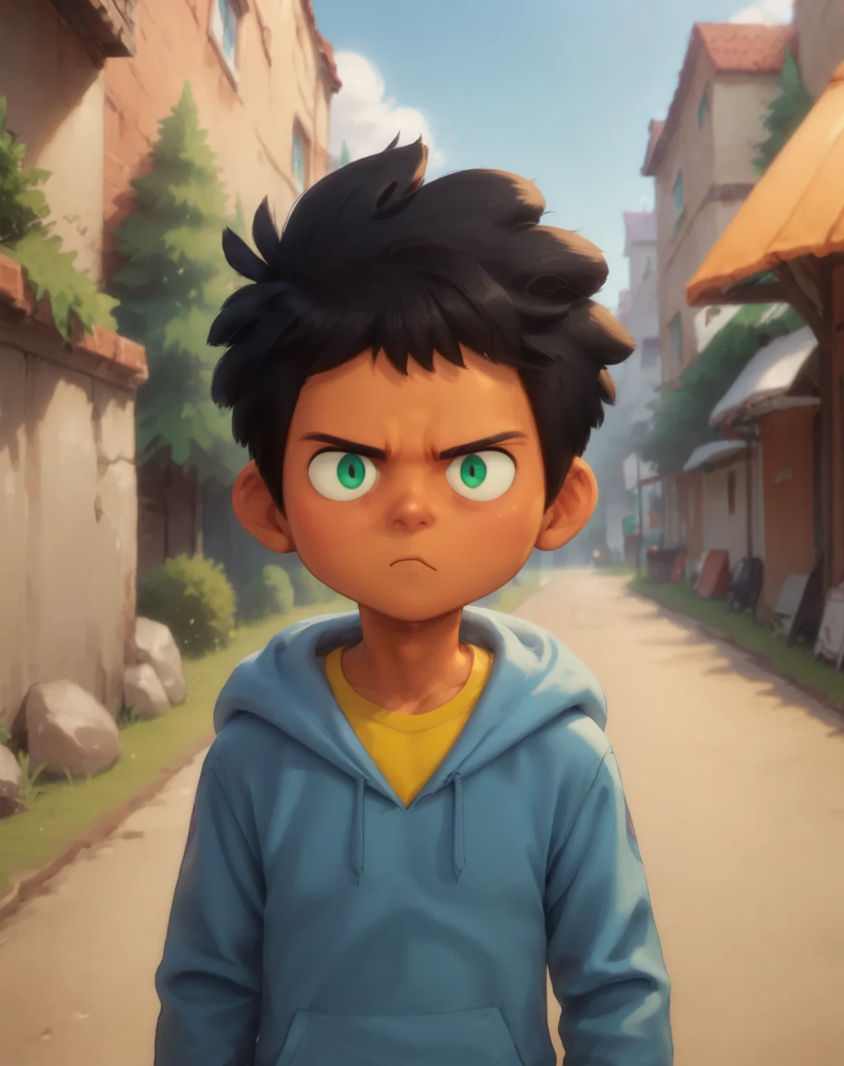 score_9, score_8_up, score_7_up, <lora:MaxCamp:0.8>, 1boy, solo, Max, black hair, green eyes, dark skin, blue hoodie, yellow undershirt, outdoors, frown, looking at viewer,  <lora:Realistic_2.5DAnime_Merge1:0.8>