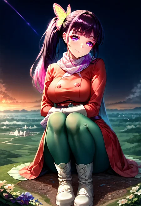 gorgeous lips, cinematic, (masterpiece), (best quality), (ultra-detailed), very aesthetic, perfect composition, intricate details, absurdres, detailed face, (anime, masterpiece, intricate:1.3), (best quality, hires textures, high detail:1.2), score_9, score_8_up, score_7_up, score_6_up, source_anime, 1girl, kanao tsuyuri, black hair, pink highlights, butterfly, butterfly hair ornament, purple eyes, very long hair, side ponytail, ponytail, eyelashes, hair ornament, scarf, dress, red dress, long sleeves, buttons, gloves, white gloves, belt, pantyhose, green pantyhose, boots, white footwear, skirt, flower patterns, alternate_costume, enormous breasts, facial expression, kind, soft eyes, head tilt, slightly smiling, closed mouth, goddess, planet size, giantess, giant, size difference, growing even bigger, sitting on the ground, ruanyi0639,hugging own legs, hugging knees, floating object, gradient eyes, beautiful detailed eyes, city, in the city, night sky, solo, holding planet, (masterpiece:1.4), (best quality:1.4), (ultra-detailed:1.2), gl0w, glow,