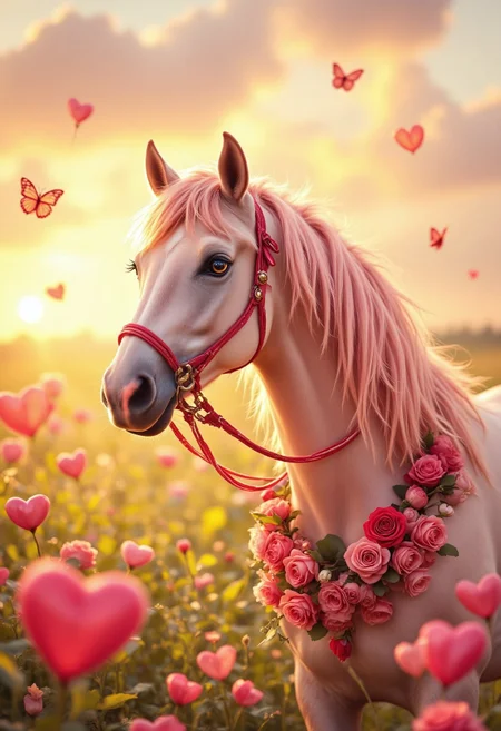A majestic horse standing in a lush, sunlit meadow, its coat a soft, velvety shade of pink. The horse’s mane and tail are adorned with delicate red and white ribbons, woven into intricate braids and tied with tiny heart-shaped charms. Around its neck hangs a garland of fresh roses in shades of red and pink, with a few heart-shaped leaves peeking through. The horse’s eyes are gentle and expressive, framed by long lashes, and it gazes lovingly at the viewer. In the background, a golden sunset casts a warm glow over the scene, with heart-shaped clouds drifting in the sky. A few butterflies with heart-patterned wings flutter around the horse, adding a whimsical touch. The overall mood is romantic, magical, and full of Valentine's Day charm.