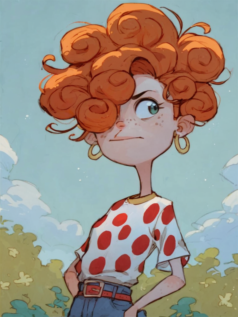 <lora:LeeKankerPony1.0:0.55> leekanker, hair hair over one eye, orange hair, 1girl, hoop earrings, polka dot clothing, solo, freckles, curly hair, belt, upper body,outdoors, score_9, score_8_up, score_7_up, score_6_up
