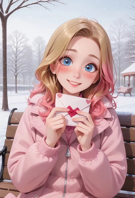 score_9, score_8_up, score_8, semi realistic, perfect detailed face, detailed fingers, perfect face, detailed eyes.
((1girl)), slim, small breasts, long hair, blonde hair dyed brown, pink ombre, pink inner hair, multicolored hair, blue eyes, freckles, dark makeup,
holding a love letter, gift, valentine, reading a love letter, openning a love letter,
pink winter coat, zipped pink coat,
blush, shy smile, shy,
park at winter, park bench, snowing,
upper body shot,