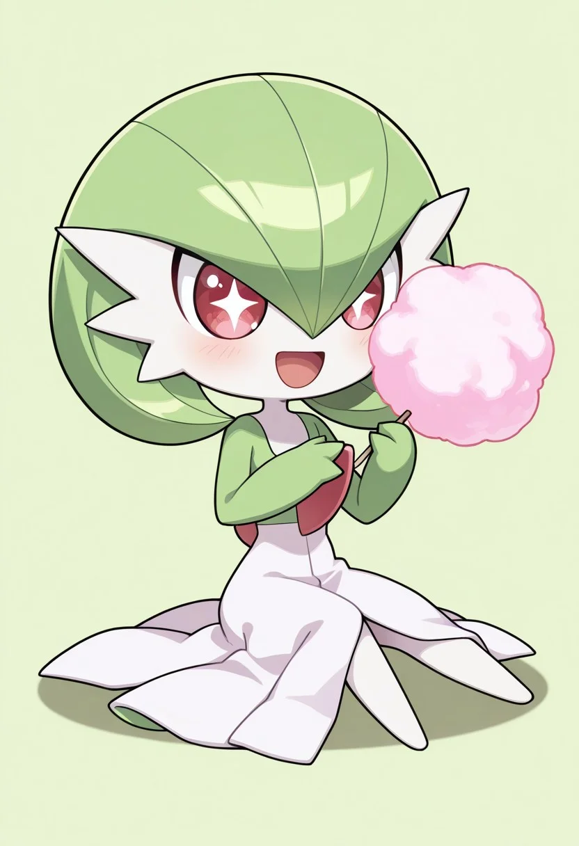 masterpiece, best quality, absurdres, amazing quality, detailed face, detailed skin, detailed eyes, high resolution, official style,
1girl, ((chibi:1.1)), ((anime chibi style:1.1)), gardevoir \(pokemon\),
solo, sitting on floor, full body, smile, open mouth, excited, cute, happy girl, cotton candy, holding cotton candy, eyes wide open, sparkling eyes,
simple light green background,
((no text:1.1)), ((no signature:1.1)),