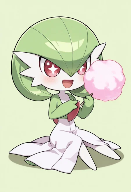 masterpiece, best quality, absurdres, amazing quality, detailed face, detailed skin, detailed eyes, high resolution, official style,
1girl, ((chibi:1.1)), ((anime chibi style:1.1)), gardevoir \(pokemon\),
solo, sitting on floor, full body, smile, open mouth, excited, cute, happy girl, cotton candy, holding cotton candy, eyes wide open, sparkling eyes,
simple light green background,
((no text:1.1)), ((no signature:1.1)),