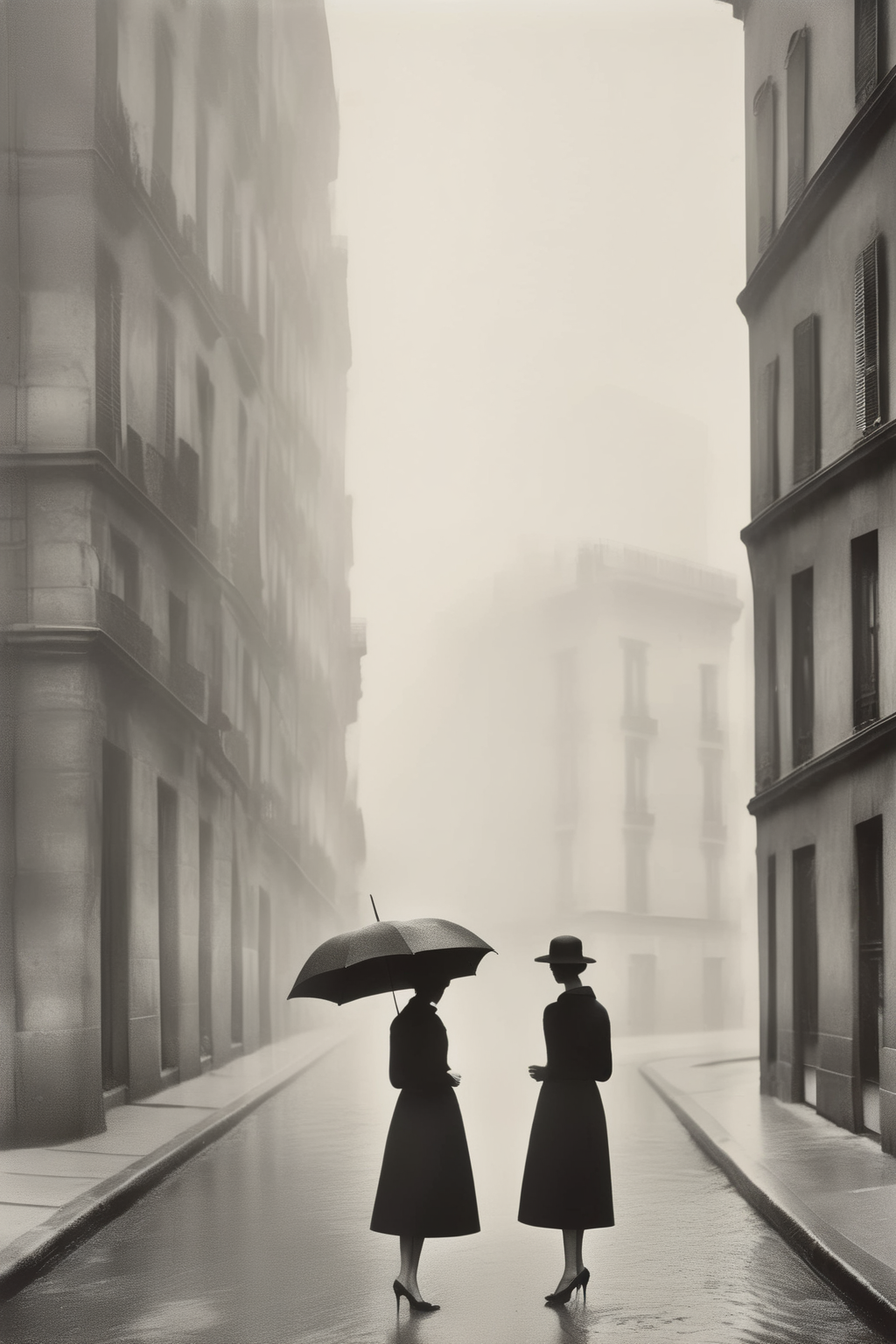 <lora:Ando Fuchs Style:1>Ando Fuchs Style - vogue paris, 1960 r f davia, in the style of pierre pellegrini, dynamic balance, urban scenes, dark gray, kishin shinoyama, leica i, depictions of inclement weather